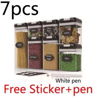 7Pcs Plastic Voedsel Opslag Container Pot Set Met Deksel Keuken Bulk Verzegelde Blikken Koelkast Multigrain Tank Container Voor Granen zwart 7stk