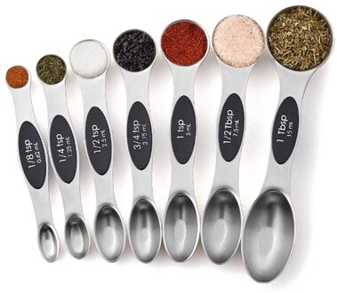 7PCS Roestvrij Staal Dubbele Kop Maatlepels Magnetische Meting Theelepel Eetlepel voor Droge en Vloeibare Ingrediënten