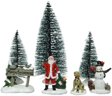 7x stuks kerstdorp accessoires figuurtjes/poppetjes en kerstboompje - Kerstdorpen Multikleur