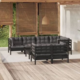 8-delige Loungeset met kussens massief grenenhout zwart - Tuinset