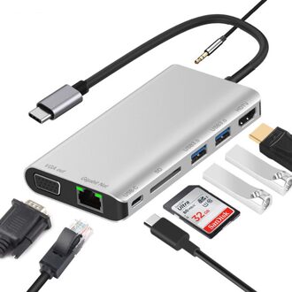 8 In 1 Usb 3.1 Type-C Dock Hub Naar Hdmi/Vga 2 * USB3.0HUB Sd Kaartlezer pd Gigabit Ethernet Audio Voor Macbook Pro/Air/Huawei Mate