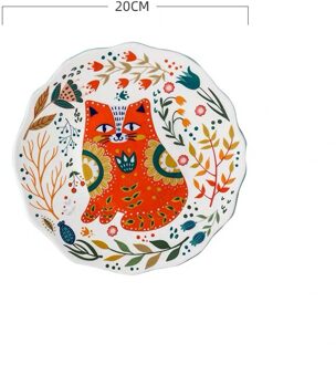 8-Inch Cartoon Handgeschilderde Kat Bloem Plaat Ronde Geglazuurde Dessert Ontbijt Diner Lade Magnetron Huishouden Keuken Servies