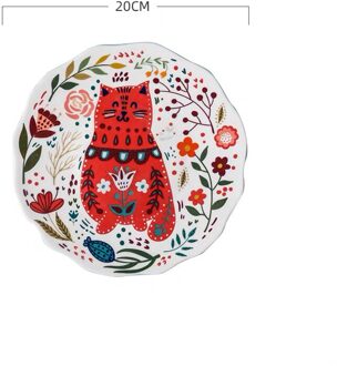 8-Inch Cartoon Handgeschilderde Kat Bloem Plaat Ronde Geglazuurde Dessert Ontbijt Diner Lade Magnetron Huishouden Keuken Servies