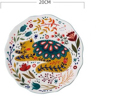 8-Inch Cartoon Handgeschilderde Kat Bloem Plaat Ronde Geglazuurde Dessert Ontbijt Diner Lade Magnetron Huishouden Keuken Servies