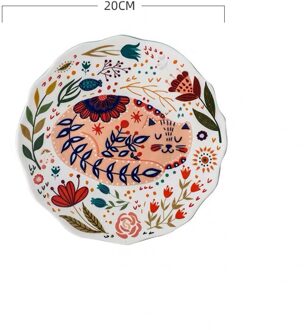 8-Inch Cartoon Handgeschilderde Kat Bloem Plaat Ronde Geglazuurde Dessert Ontbijt Diner Lade Magnetron Huishouden Keuken Servies