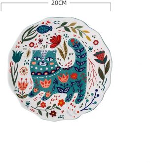 8-Inch Cartoon Handgeschilderde Kat Bloem Plaat Ronde Geglazuurde Dessert Ontbijt Diner Lade Magnetron Huishouden Keuken Servies