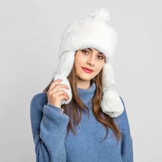 8 Kleuren Creatieve Mode Met Oorbeschermer Vrouwen Winddicht Konijnenbont Warm Caps Bomber Hoeden Winter Outdoor Lady Ski wit