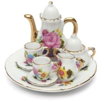 8 pcs Dollhouse Miniatuur Restaurants Goederen Porselein Thee Set Plaat Cup Plaat Bloem Print Poppenhuis Accessoires Speelgoed