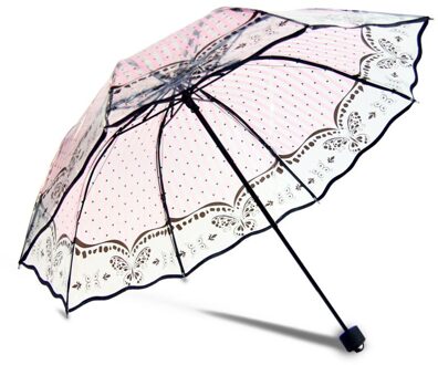 8 ribben vouwen duidelijke paraplu voor vrouwelijke gedrukt transparante regen paraplu vrouwen parasol outdoor regenkleding YS028 roze