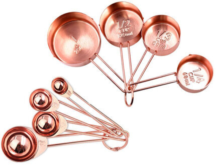 8 Stks/set Maatbekers Lepels Set Met Schaal Rvs Rose Gold Metingen Bakken Tool Keuken Benodigdheden