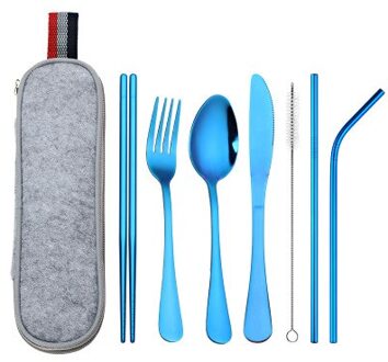 8 Stks/set Servies Herbruikbare Reizen Bestek Set Kamp Gebruiksvoorwerpen Set Met Roestvrij Stalen Lepel Vork Eetstokjes Stro Draagbare Case Blauw