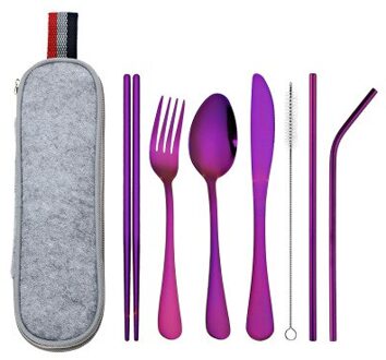 8 Stks/set Servies Herbruikbare Reizen Bestek Set Kamp Gebruiksvoorwerpen Set Met Roestvrij Stalen Lepel Vork Eetstokjes Stro Draagbare Case Paars