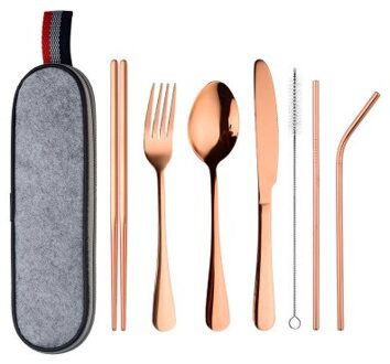 8 Stks/set Servies Herbruikbare Reizen Bestek Set Kamp Gebruiksvoorwerpen Set Met Roestvrij Stalen Lepel Vork Eetstokjes Stro Draagbare Case roos goud