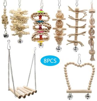 8 Stks/set Vogel Papegaai Swing Chew Speelgoed Natuurlijke Hout Opknoping Bell Vogels Kooi Decoratie Klimmen Speelgoed Voor Kleine Papegaaien Kaketoe