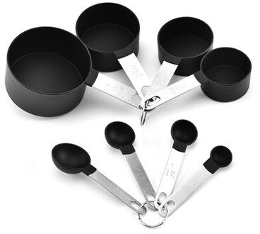 8 Stuks Plastic Maatbekers En Lepels Set Keuken Bakken Koken Accessoires Rvs Handvat Koffie Scoop Meetinstrument zwart