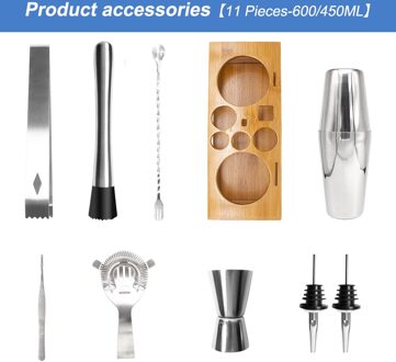 800/600Ml Shaker Set Rvs Cocktail Bar Kit Barman Boston Mengbeker Met Houten Base 11/15Pcs Bar Wijn Mixer 11stk-600 450ml