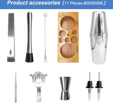 800/600Ml Shaker Set Rvs Cocktail Bar Kit Barman Boston Mengbeker Met Houten Base 11/15Pcs Bar Wijn Mixer 11stk-800 600ml
