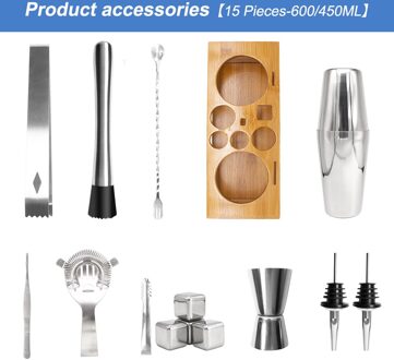 800/600Ml Shaker Set Rvs Cocktail Bar Kit Barman Boston Mengbeker Met Houten Base 11/15Pcs Bar Wijn Mixer 15stk-600 450ml