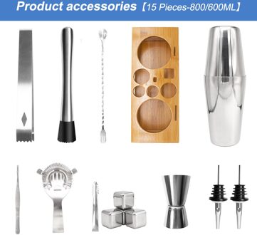 800/600Ml Shaker Set Rvs Cocktail Bar Kit Barman Boston Mengbeker Met Houten Base 11/15Pcs Bar Wijn Mixer 15stk-800 600ml
