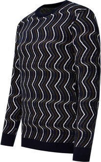 80s Design Fijn Gebreide Trui Met Ronde Hals Marineblauw