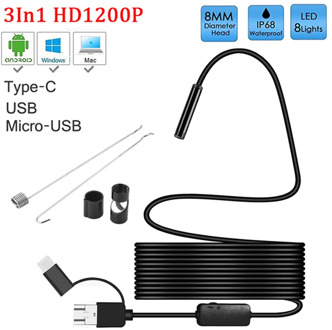 8mm lens Camera Endoscope HD 1200P IP68 2M Hard Flexible Tube Mirco USB Type-C Borescope Video Inspection for Android Endoscope
