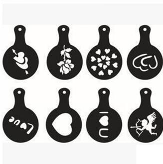 8Pcs Koffie Stencils Fancy Koffie Afdrukken Model Schuim Spuiten Taart Stencils Koffie Tekening Cappuccino Mold Poedervorm Zeef Gereedschap