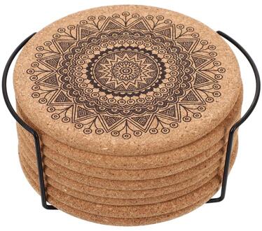 8Pcs Mandala Ronde Kurk Onderzetters Met Rack Houten Onderzetters Cup Pads Voor Home Office 10cm