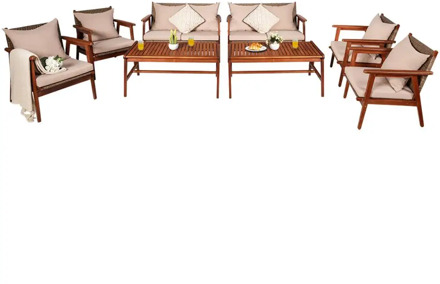 8PCS Patio Rattan Furniture Set Acacia Wood Frame Cushioned Sofa Chair Garden 2*HW66517+