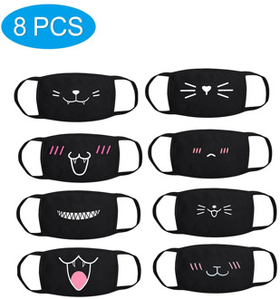 8PCS Unisex Women Cute Print Face Mask Black Cotton Outdoor Dustproof Protective Shield Washable Reusable Protection Masks