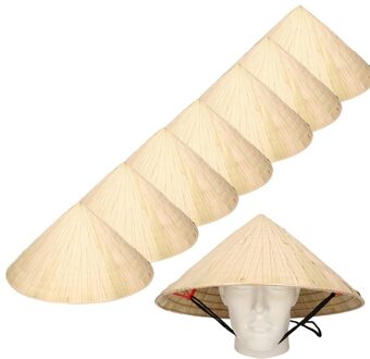 8x Chinese stro hoeden / Chinees hoedje met kinband - China thema verkleed accessoire