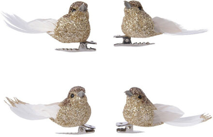 8x Decoratie glitter vogeltjes goud op clip 5 cm