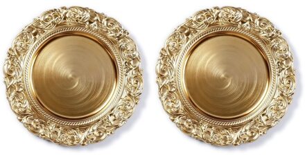 8x Diner borden/onderborden goud met decoratieve rand 33 cm rond