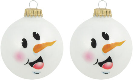 8x Glazen witte glitter kerstballen met sneeuwpop 7 cm - Kerstbal
