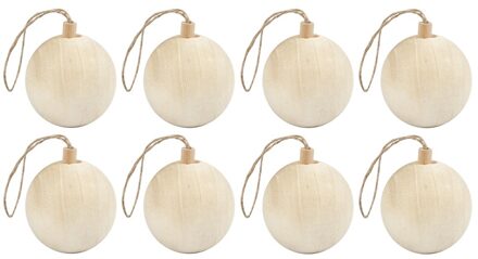 8x Kerstboom decoratie ballen van licht hout 6,4 cm