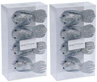 8x Kerstboomversiering glitter vogels op clip zilvergrijs 17 cm - Kersthangers Zilverkleurig