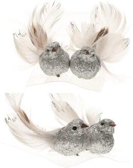 8x Kerstboomversiering glitter zilver vogeltje op clip 10 cm - Kersthangers Zilverkleurig