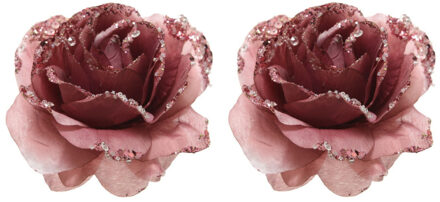 8x Kerstboomversiering/kerstornamenten oudroze rozen op clip 14 cm - Kunstbloemen