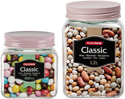 8x kunststof keuken voorraadpotten - weckpotten - 0.8 en 1.2 liter - roze