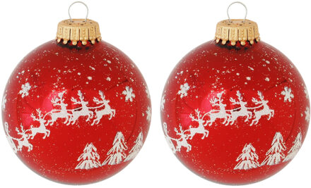 8x Luxe rode glazen kerstballen met rendier opdruk 7 cm kerstversiering - Kerstbal Rood