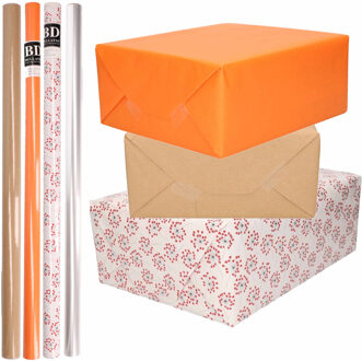 8x Rollen transparant folie/inpakpapier pakket - oranje/bruin/wit met hartjes 200 x 70 cm - Cadeaupapier