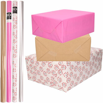 8x Rollen transparant folie/inpakpapier pakket - roze/bruin/wit met hartjes 200 x 70 cm - Cadeaupapier