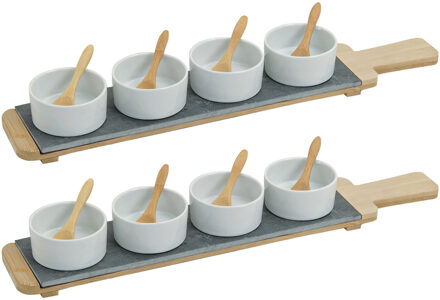 8x Snackschaaltjes/sausschaaltjes wit porselein rond 7 cm op serveerplank - Snack en tapasschalen