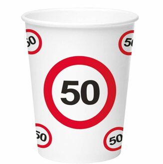 8x stuks drinkbekers van papier in 50 jaar verjaardag thema 350 ml - Feestbekertjes Multikleur