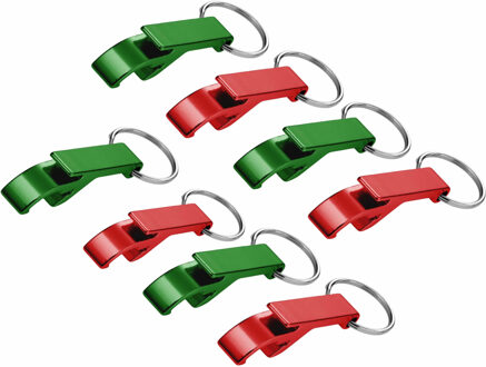 8x stuks Flessen openers met sleutelhanger groen en rood 6 cm combi set