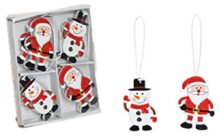 8x stuks houten kersthangers kerstmannen en sneeuwpop 6 cm kerstornamenten Rood