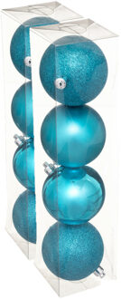 8x stuks kerstballen turquoise blauw mix kunststof 8 cm - Kerstbal