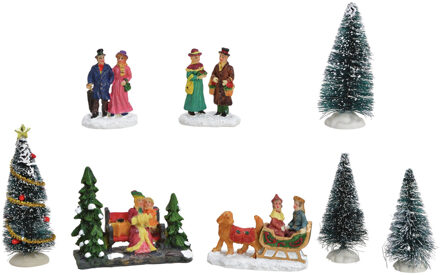 8x stuks kerstdorp accessoires figuurtjes/poppetjes en kerstboompje