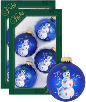 8x stuks luxe glazen kerstballen 7 cm blauw met sneeuwpop - Kerstbal