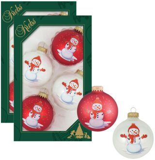 8x stuks luxe glazen kerstballen 7 cm wit en rood met sneeuwpop - Kerstbal Multikleur