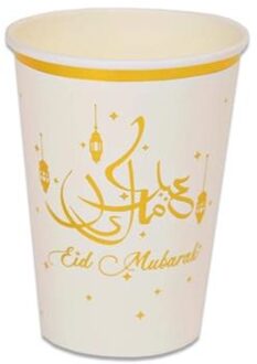 8x stuks Ramadan Mubarak thema bekertjes wit/goud 350 ml - Feestbekertjes Goudkleurig
